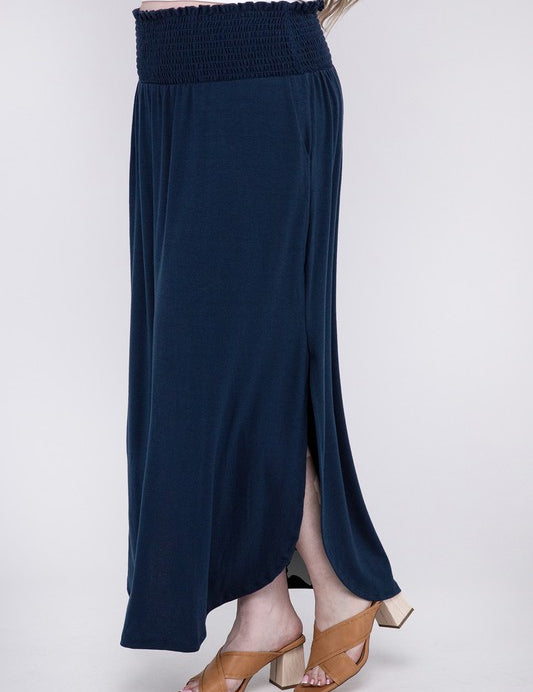 Women's Plus Relaxed Fit Smocked Waist Maxi Skirt with Pockets