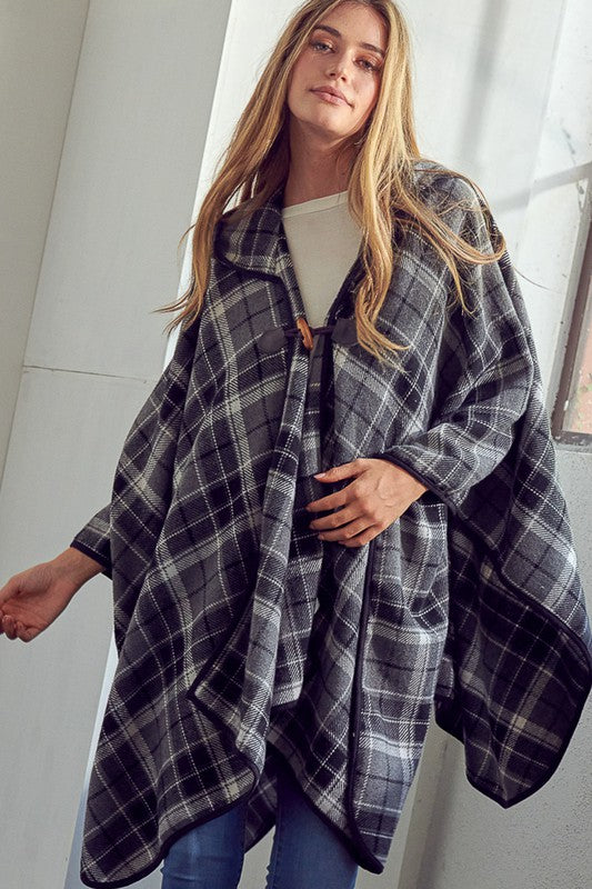 Women's Casual Plaid Toggle Cloak Poncho