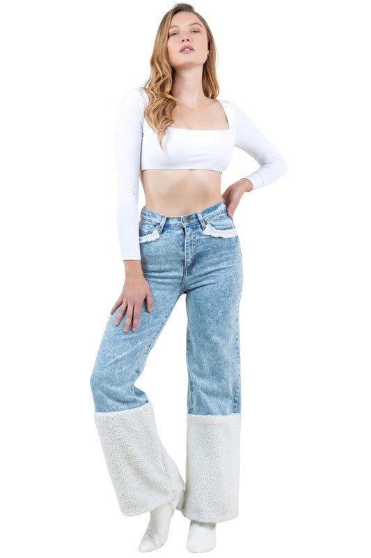 Women's High Rise Wide Leg Jeans with Sherpa Details