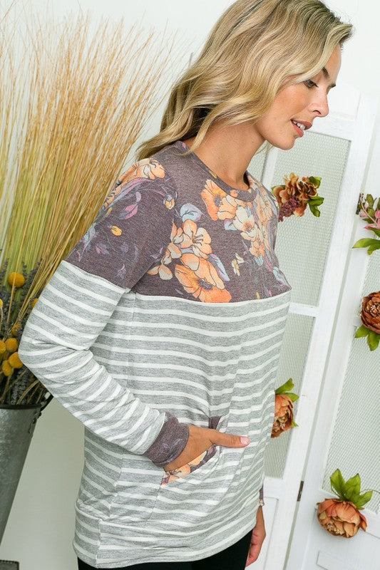 Women's Casual Stripe and Floral Print Sweatshirt