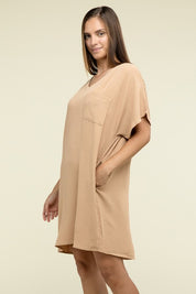 Women's Casual Relaxed V-Neck T-Shirt Dress with Pockets