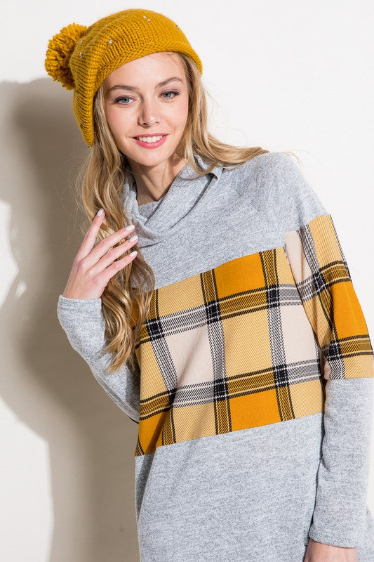 Women's Casual Loose Fit Plaid Mixed Turtle Neck Top