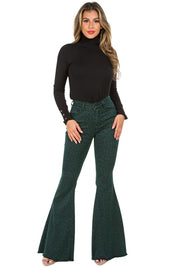 Women's Pine Green Leopard Print Bell Bottom Jeans