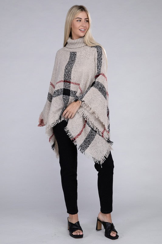 Women's Stretch Plaid Turtleneck Knit Poncho