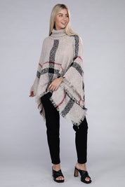 Women's Stretch Plaid Turtleneck Knit Poncho