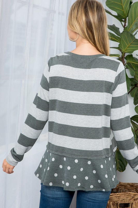 Women's Casual Loose Fit Polka Dot Stripe Tunic Top