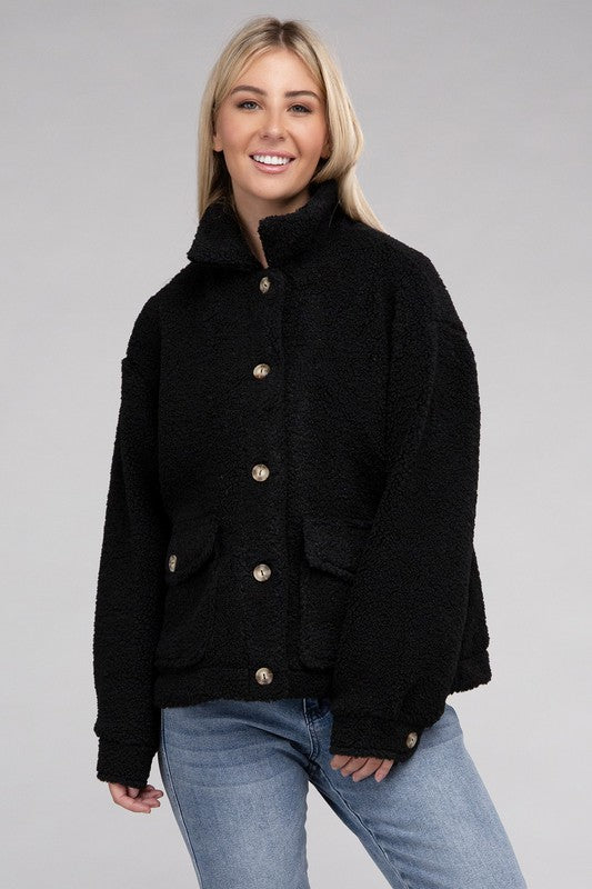 Women's Relaxed Fit Cozy Sherpa Button-Front Jacket