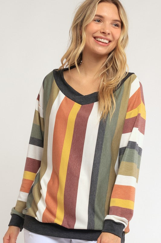 Women's Loose Fit Wide V Neck Stripe Sweatshirt