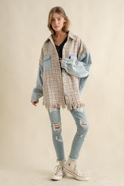 Women's Oversized Tweed Denim Shacket with Fringed Hem