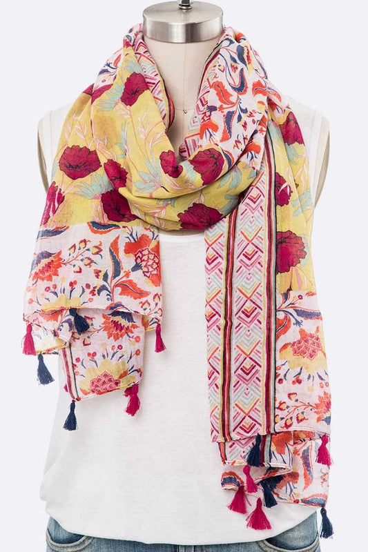 Women's Large Floral Print Tassel Scarf