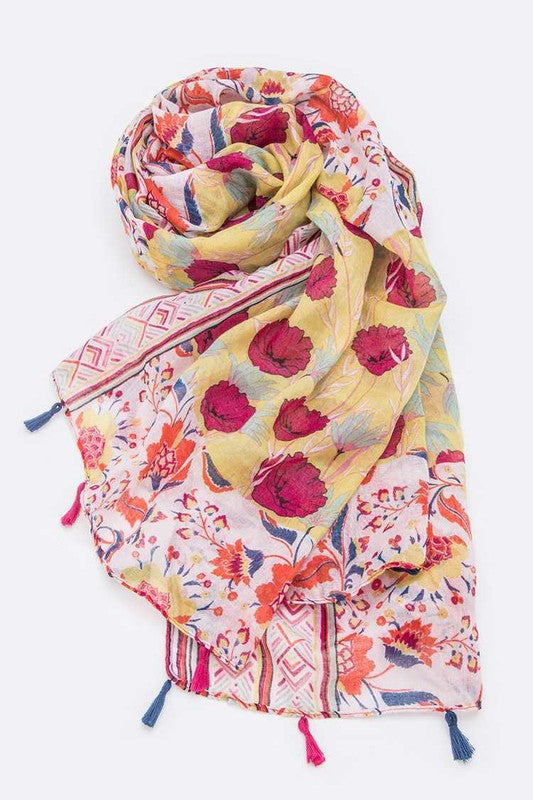 Women's Large Floral Print Tassel Scarf