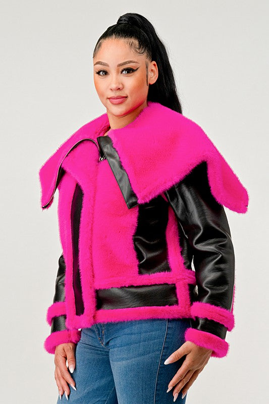 Athina Statement Pink Faux Fur Aviator Jacket