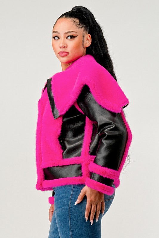 Athina Statement Pink Faux Fur Aviator Jacket