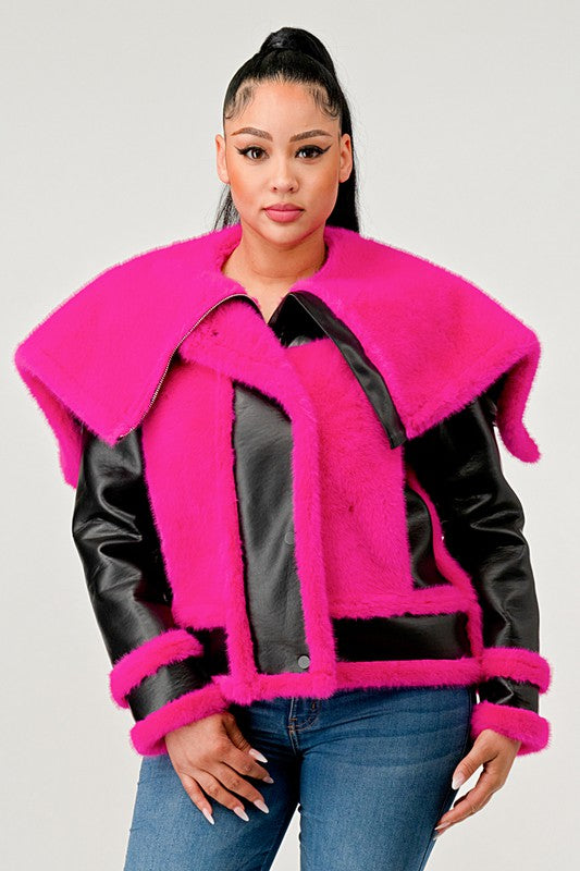 Athina Statement Pink Faux Fur Aviator Jacket