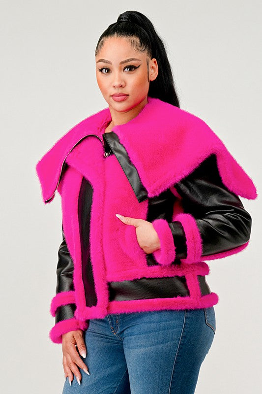 Athina Statement Pink Faux Fur Aviator Jacket