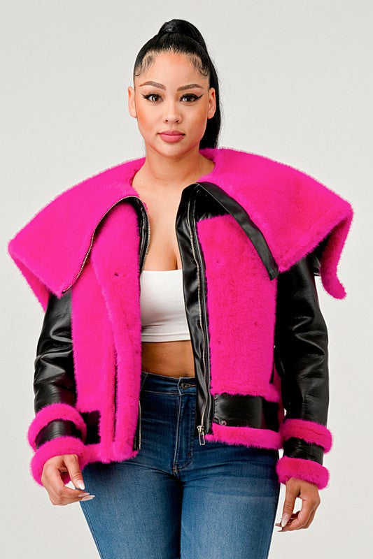 Athina Statement Pink Faux Fur Aviator Jacket