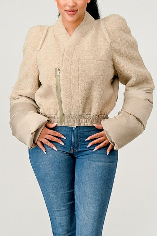 Women's Plush Puff Sleeve Bomber Jacket