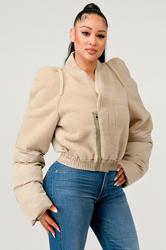 Women's Plush Puff Sleeve Bomber Jacket