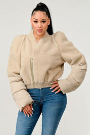 Women's Plush Puff Sleeve Bomber Jacket