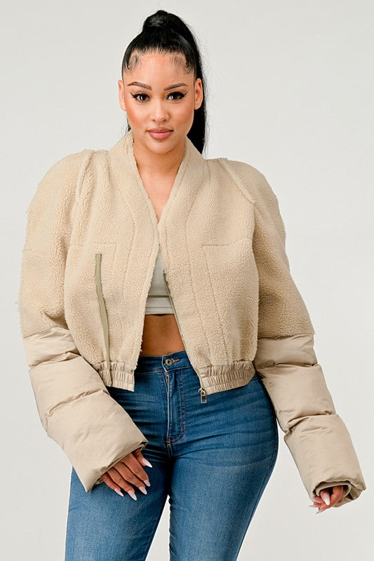 Women's Plush Puff Sleeve Bomber Jacket