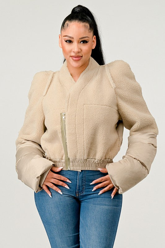 Women's Plush Puff Sleeve Bomber Jacket