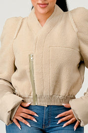 Women's Plush Puff Sleeve Bomber Jacket