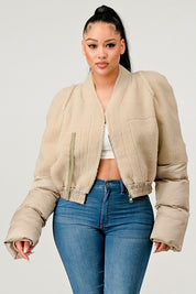 Women's Plush Puff Sleeve Bomber Jacket