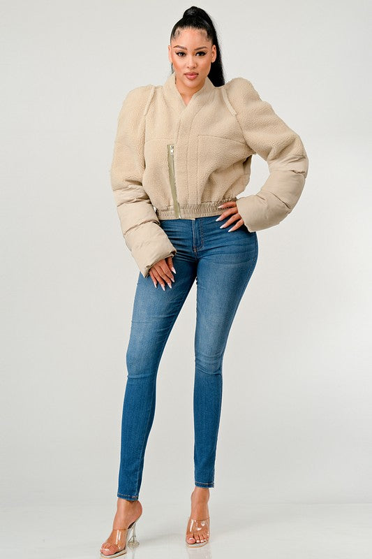 Women's Plush Puff Sleeve Bomber Jacket