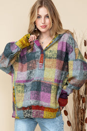 Plus Red Green Mustard Plaid Inside-out Hood Tunic