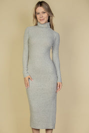 Women's Fuzzy Turtle Neck Bodycon Midi Dress