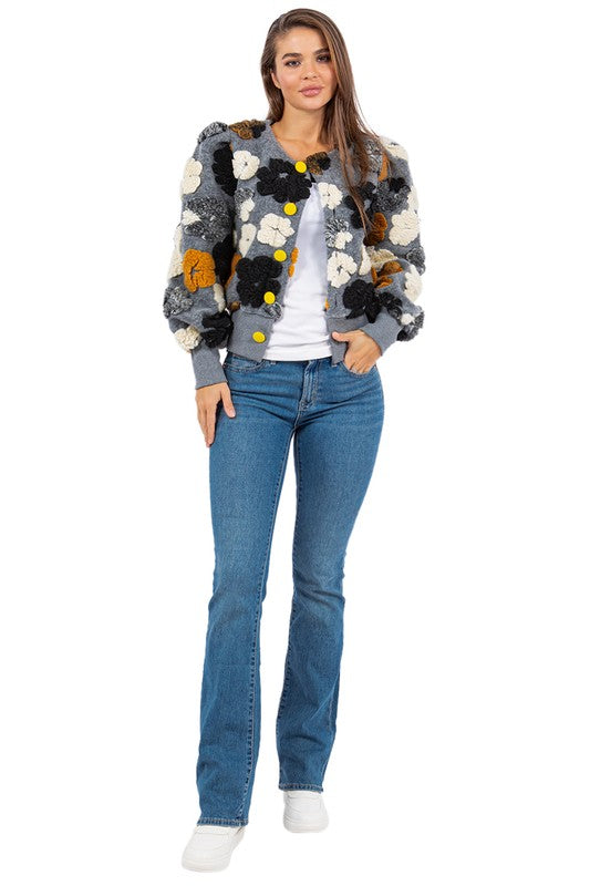 Women's Casual Woolen Outerwear Jacket with 3D Flower Design