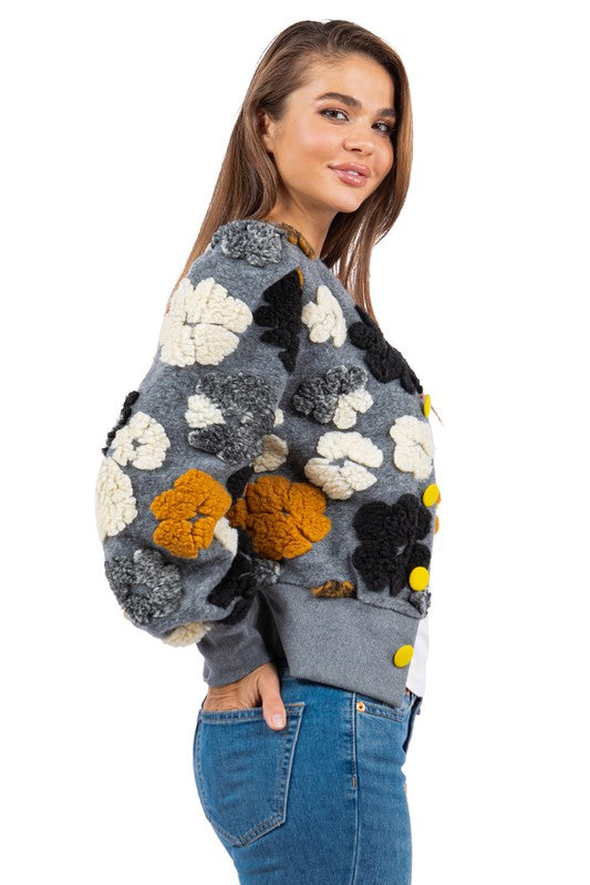 Women's Casual Woolen Outerwear Jacket with 3D Flower Design