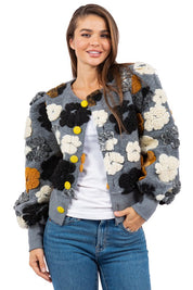 Women's Casual Woolen Outerwear Jacket with 3D Flower Design