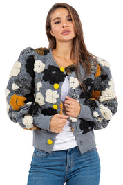 Women's Casual Woolen Outerwear Jacket with 3D Flower Design