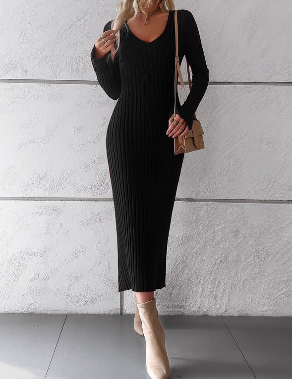 Women's Ribbed Long Sleeve Midi Dress