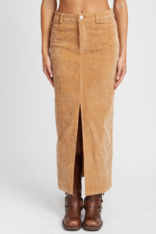 Women's Corduroy Mid Skirt with Front Slit