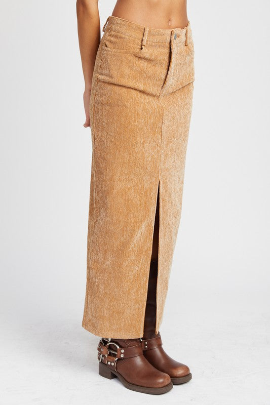 Women's Corduroy Mid Skirt with Front Slit