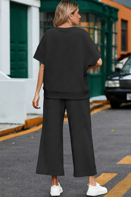 Women's Casual Textured T-Shirt and Drawstring Pants Set