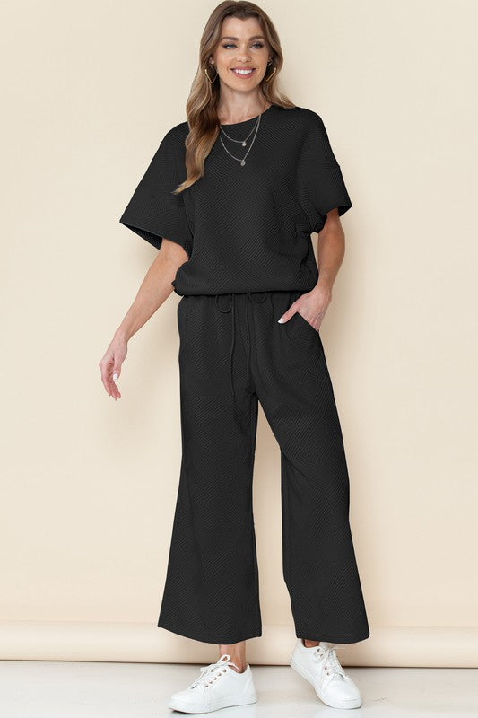 Women's Casual Textured T-Shirt and Drawstring Pants Set