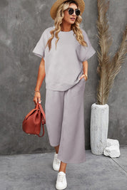 Women's Casual Textured T-Shirt and Drawstring Pants Set