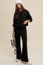 Women's Casual Knit Sweat Top and Wide Leg Pants Lounge Set