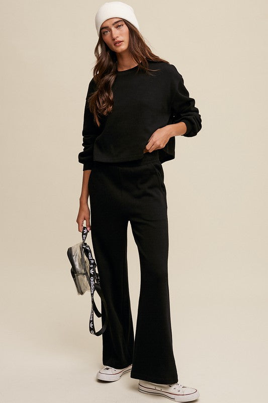 Women's Casual Knit Sweat Top and Wide Leg Pants Lounge Set