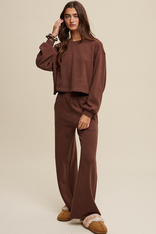 Women's Casual Knit Sweat Top and Wide Leg Pants Lounge Set