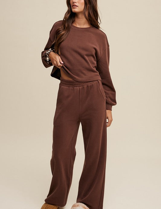 Women's Casual Knit Sweat Top and Wide Leg Pants Lounge Set