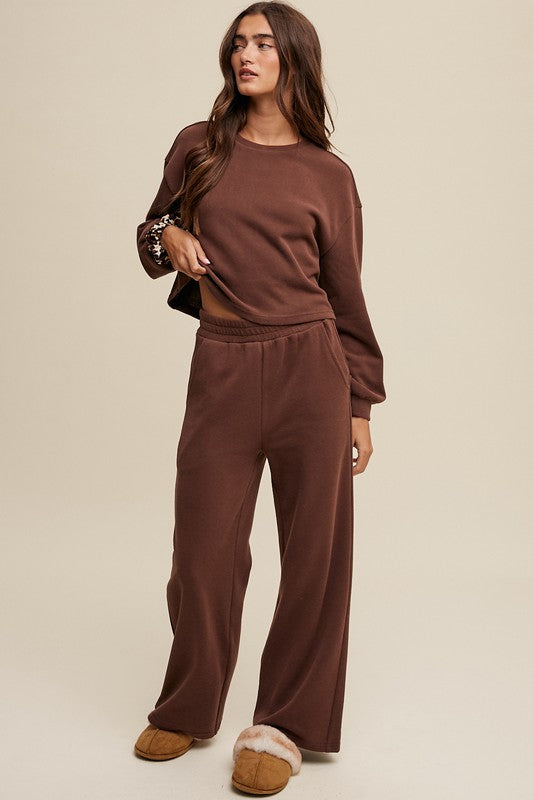 Women's Casual Knit Sweat Top and Wide Leg Pants Lounge Set