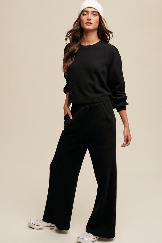 Women's Casual Knit Sweat Top and Wide Leg Pants Lounge Set