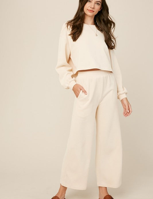 Women's Casual Knit Sweat Top and Wide Leg Pants Lounge Set