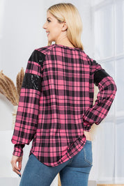 Women's Casual Plaid Pullover with Sequin Foil Sleeves