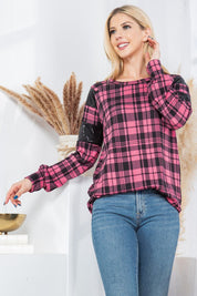 Women's Casual Plaid Pullover with Sequin Foil Sleeves