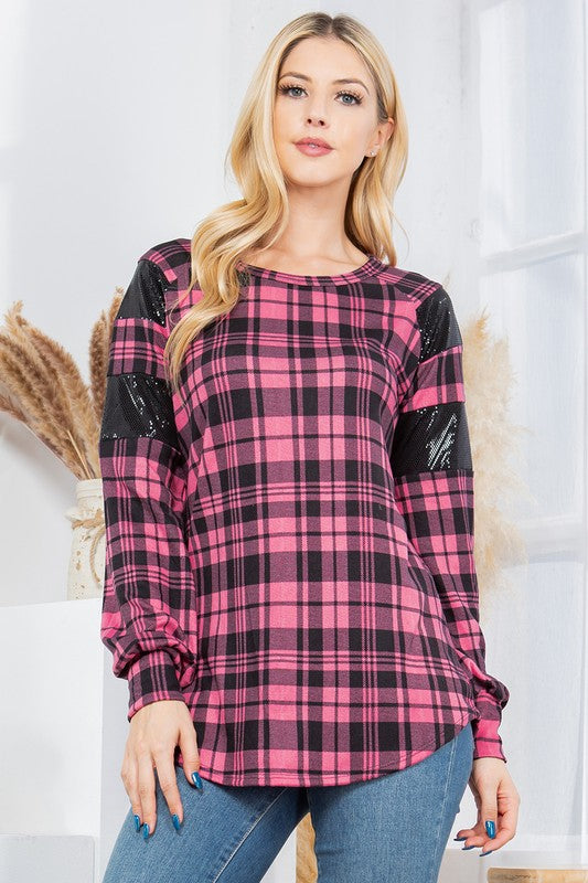 Women's Casual Plaid Pullover with Sequin Foil Sleeves